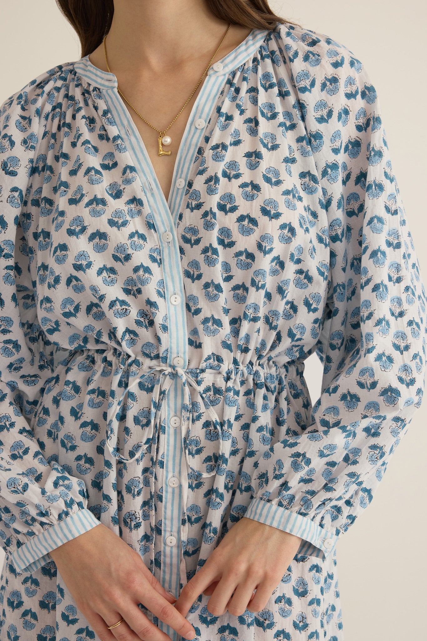 Juliet Block Printed Cotton Long Sleeve Raglan Shirt Dress - Blue Gardenia