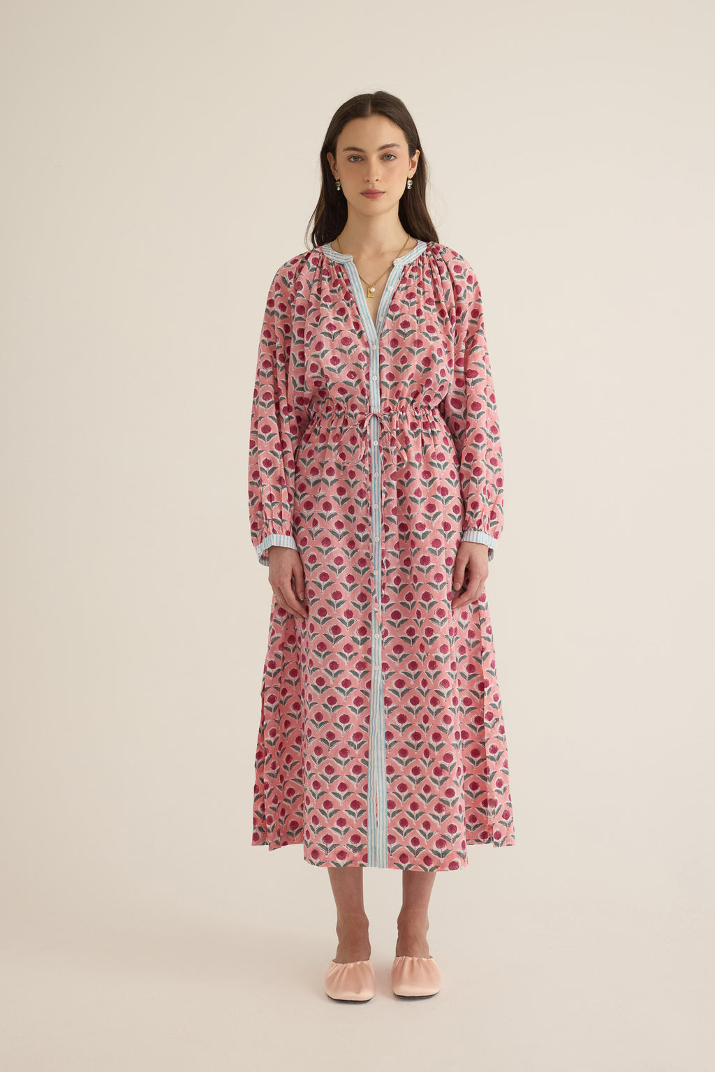 Front view of model wearing the Juliet Block Printed Cotton Drop Sleeve Raglan Shirt Dress in Pink Dahlia