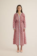 Front view of model wearing the Juliet Block Printed Cotton Drop Sleeve Raglan Shirt Dress in Pink Dahlia