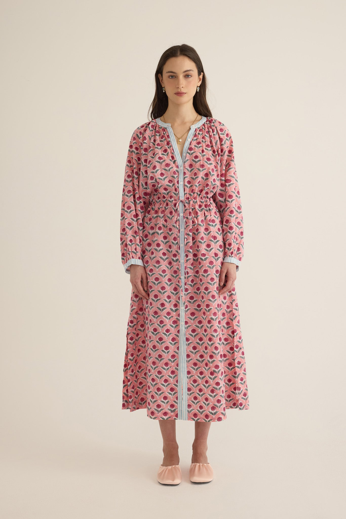 Front view of model wearing the Juliet Block Printed Cotton Drop Sleeve Raglan Shirt Dress in Pink Dahlia