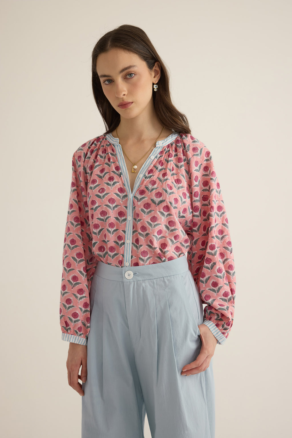 Front view of model wearing the Juliet Block Printed Cotton Drop Sleeve Raglan Shirt in Pink Dahlia
